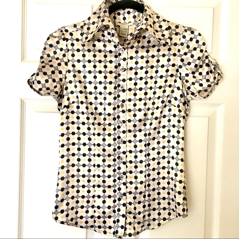 EUC Anthropologie Vertigo Paris Polka Dot Button-Up Blouse Retro Geometric Print